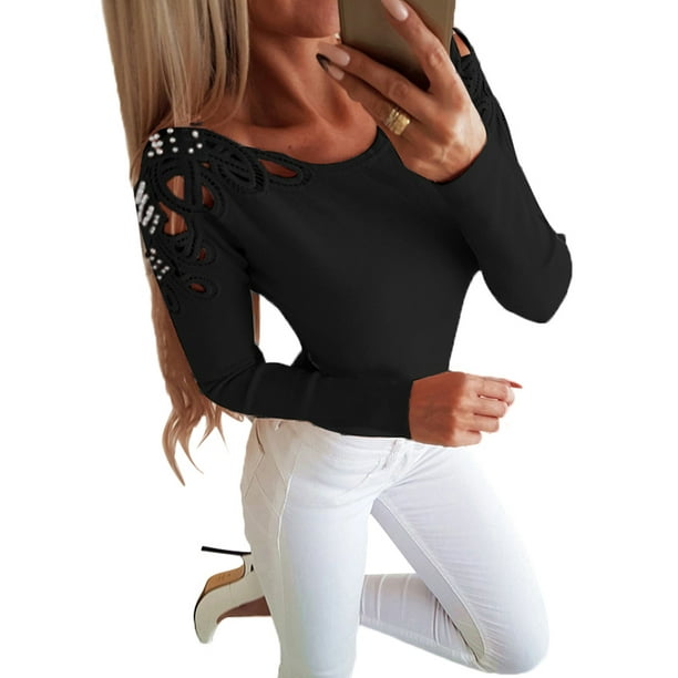 Womens Beaded Hollow Cold Shoulder T Shirt Ladies Long Sleeve Casual Blouse Tops